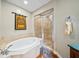 Bathroom featuring a soaking tub, a walk-in shower, and modern fixtures at 1209 E Cumberland Ave # 508, Tampa, FL 33602