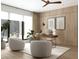 Modern home office features a decorative ceiling fan, modern art and stylish furnishings at 7176 S Shore Dr, South Pasadena, FL 33707