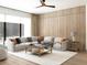 Bright living room featuring a large sectional sofa, wood-paneled wall and stylish ceiling fan at 7176 S Shore Dr, South Pasadena, FL 33707