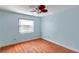 Bedroom with hardwood floors, blue walls and a ladybug ceiling fan at 2664 Frisco Dr, Clearwater, FL 33761