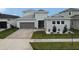 Two-story home with gray siding, brown garage door, and landscaped front yard at 8441 Ivy Stark Blvd, Wesley Chapel, FL 33545