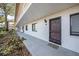 Exterior condo entrance with decorative door, and exterior lighting at 141 Lakeview Way, Oldsmar, FL 34677