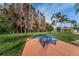 Blue picnic table on a concrete pad, surrounded by lush grass and trees at 4993 Bostonian Loop # 4993, New Port Richey, FL 34655