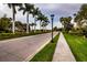 Street view showcasing palm trees, lush landscaping, and street lights at 16233 Amethyst Key Dr, Wimauma, FL 33598
