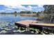 Community lake with dock and picturesque view of the water and lily pads at 11213 Warm Wind Way, Weeki Wachee, FL 34613