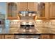 Close-up of kitchen with stainless steel range, granite countertops, and decorative tile backsplash at 12006 Stone Crossing Circle, Tampa, FL 33635