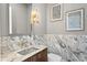 Chic powder room featuring marble accents and stylish lighting at 1940 Hawaii Ne Ave, St Petersburg, FL 33703