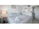 Bright bedroom with king-size bed, white dresser, and patterned bedding at 600 71St Ave # 17, St Pete Beach, FL 33706