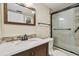 Well-lit bathroom featuring modern vanity, decorative mirror, and tiled shower at 2650 Pearce Dr # 301, Clearwater, FL 33764