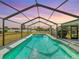Enclosed screened-in pool with sparkling water, views of the backyard, and a beautiful sunset sky at 1720 Flamingo Ln, Sun City Center, FL 33573