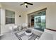 Covered patio with fire pit, modern furniture, and sliding glass doors at 17554 Holly Well Ave, Wimauma, FL 33598