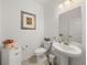 Clean and modern bathroom with pedestal sink, toilet, and decorative accents at 12626 Tahitian Pearl Cir, Parrish, FL 34219