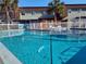 Community pool surrounded by palm trees and white picket fence and chairs for lounging at 1330 70Th N St, St Petersburg, FL 33710