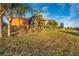 Landscaped backyard with a pond and tropical plants at 613 Tanana Fall Dr, Ruskin, FL 33570