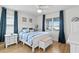 Main bedroom with white furniture, blue bedding, and large windows at 5519 Blue Crush Bnd, Land O Lakes, FL 34638