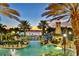Resort-style pool with a waterslide, lighted at night, palm trees, and sunset views at 727 Winterside Dr, Apollo Beach, FL 33572