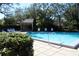 Community pool with patio furniture and lush landscaping at 2912 Star Apple Ct, Palm Harbor, FL 34684
