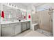 Modern bathroom with walk-in shower and gray cabinets at 5672 Bay Tide Ct, Land O Lakes, FL 34638