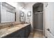 Double vanity bathroom with granite countertops and gray cabinets at 11911 Mandevilla Ct, Tampa, FL 33626