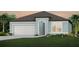 Single-story home with light blue exterior, white garage door, and landscaping at 4177 Feldspar Ln, Spring Hill, FL 34609