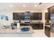 Modern kitchen with dark cabinetry, granite countertops, and stainless steel appliances at 11714 Sunburst Marble Rd, Riverview, FL 33579