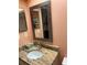 Bathroom with granite countertop, sink, and large mirror at 1139 Woodleaf Ct, Palm Harbor, FL 34684