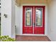 Double red entry doors with beveled glass accents at 11910 Climbing Fern Ave, Riverview, FL 33579