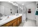 Bathroom with double vanity, large shower, and updated fixtures at 1215 Dustan Pl, Trinity, FL 34655