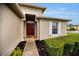 Inviting front entrance with a red door and neatly trimmed landscaping at 1215 Dustan Pl, Trinity, FL 34655