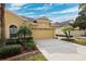 Two-car garage, tan house, palm trees, and driveway at 20716 Amanda Oak Ct, Land O Lakes, FL 34638