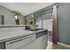 Kitchen with white cabinets, double sink, and sliding door access to the backyard at 30618 Birdhouse Dr, Wesley Chapel, FL 33545