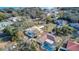 Aerial view showcasing a house with a pool and screened enclosure in a residential area at 195 Rusk Cir, Spring Hill, FL 34606