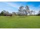 Large backyard with lush grass, trees, and detached garage at 10813 Dixon Dr, Riverview, FL 33579
