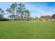 Large backyard with lush grass, trees, and detached garage at 10813 Dixon Dr, Riverview, FL 33579