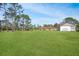 Large backyard with lush grass, trees, and detached garage at 10813 Dixon Dr, Riverview, FL 33579
