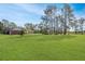Large backyard with lush grass, trees, and detached garage at 10813 Dixon Dr, Riverview, FL 33579