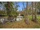 Serene pond with fountain, surrounded by lush trees and grass at 249 Dogwood Trce, Tarpon Springs, FL 34688