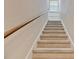 Beige carpeted staircase with wood railing at 26722 Winged Elm Dr, Wesley Chapel, FL 33544