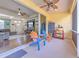 Relaxing screened porch with comfy chairs, overlooking a hot tub and backyard at 3019 124Th E Ave, Parrish, FL 34219