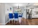 Dining area with white table and blue chairs, hardwood floors at 11398 88Th Ave, Seminole, FL 33772