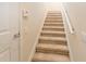 Beige carpeted staircase with simple white railing at 2044 Santa Catalina Ln Dr # 2044, Riverview, FL 33578