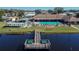 Aerial view of community pool, dock, and clubhouse at 3022 Short Leaf St, Wesley Chapel, FL 33543