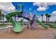 Community playground with slides, climbing structures, and a scenic view of the lake and palm trees in the background at 6028 Milestone Dr, Apollo Beach, FL 33572