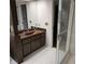 Bathroom features a brown sink, shower, and tiled flooring at 2280 Toniwood Ln, Palm Harbor, FL 34685