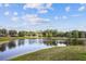 Serene lake view with lush landscaping and homes in the background at 8126 Muddy Pines Pl, Tampa, FL 33635