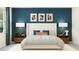 Main bedroom with plush bed and blue accent wall at 9650 Minnow Ray Dr, Land O Lakes, FL 34638