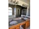 Double vanity bathroom with wood cabinets and large mirror at 11321 Flora Springs Dr, Riverview, FL 33579
