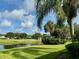 Serene backyard with pond view and palm trees at 1213 Huntington Greens Dr, Sun City Center, FL 33573