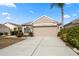 Tan house with two-car garage, landscaping, and palm tree at 2749 Plantain Dr, Holiday, FL 34691