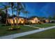 Well maintained home with landscaped lawn, walkway, and palm trees at dusk at 6020 Kestrel Point Ave, Lithia, FL 33547